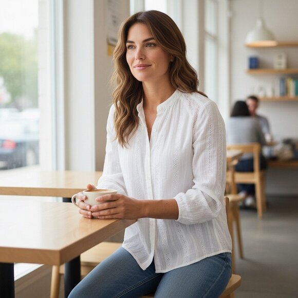 Universal Thread Tops - Universal Thread Womens Off-White Long Sleeve Button-Up Blouse w/ Lace Inserts